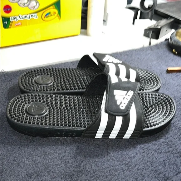 Adidas Black and White Striped Slides - Picture 5 of 6